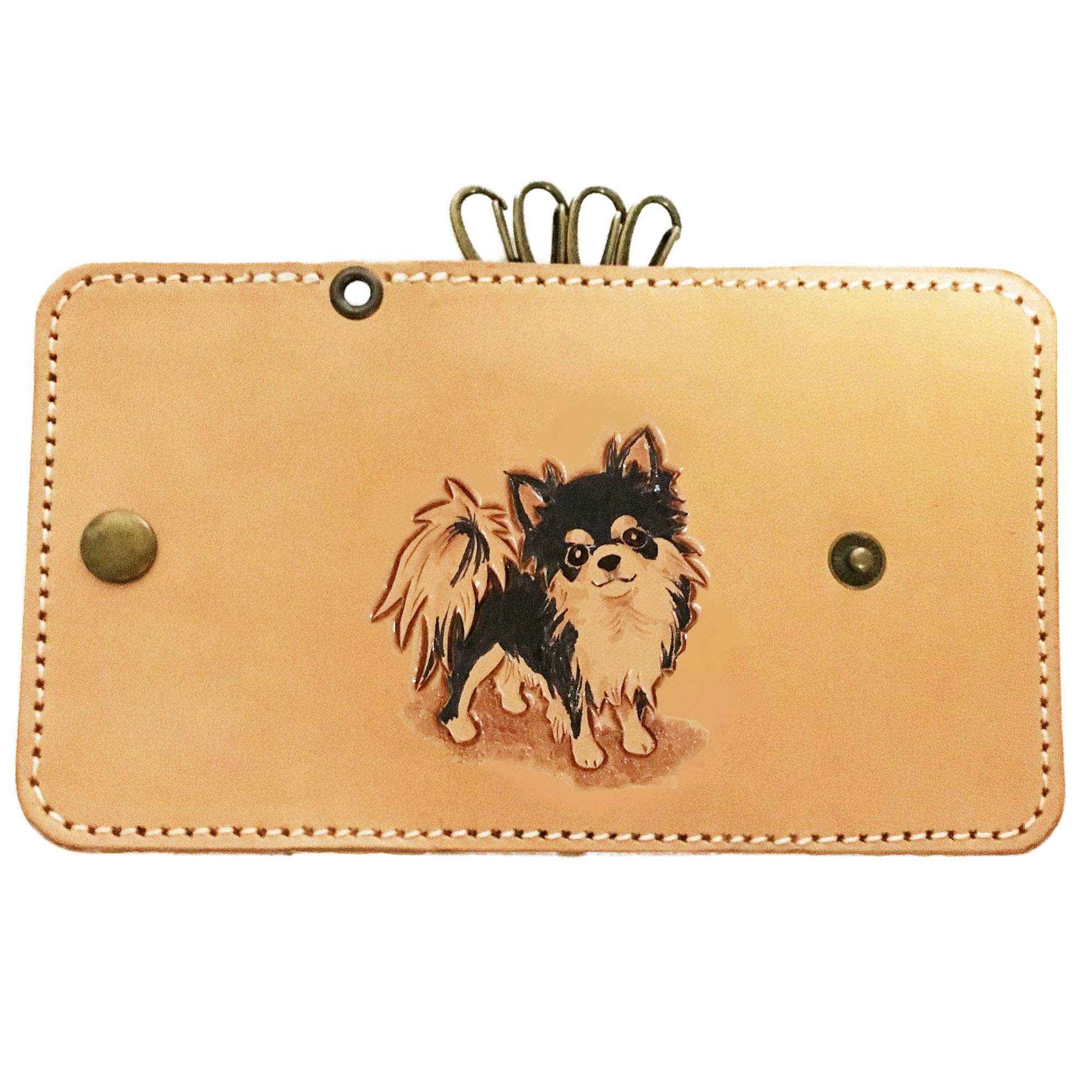 ポーチ　ロングコート　チワワ　わんちゃん刺繍　本革　レザー　ケース　ちわわ atelier Lunatic White] 本革 キーケース ロングコート チワワ